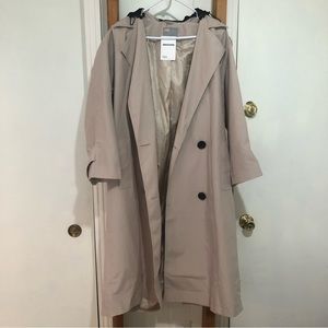 ASOS DESIGN Petite trench coat with detachable leather look hood in stone